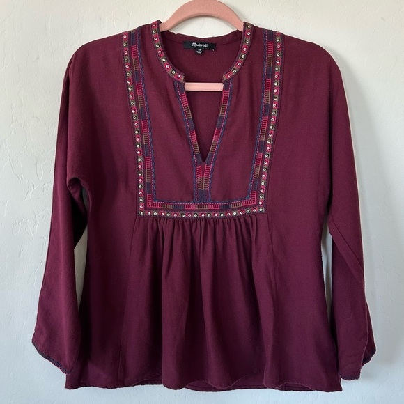 Madewell Wool Cotton Blend Maroon Boheme Embroidered Popover Top Extra Small - Picture 2 of 7